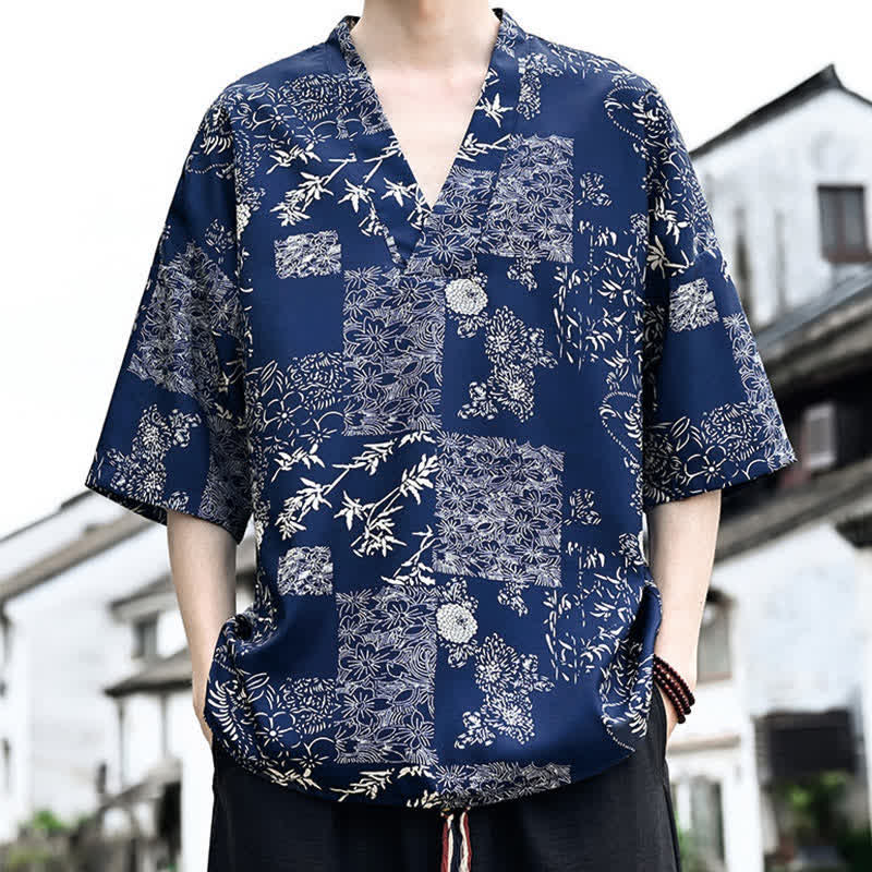 Buddha Stones Summer Casual Tang Style Floral V-Neck Men's Short Sleeve T-Shirts - image 1
