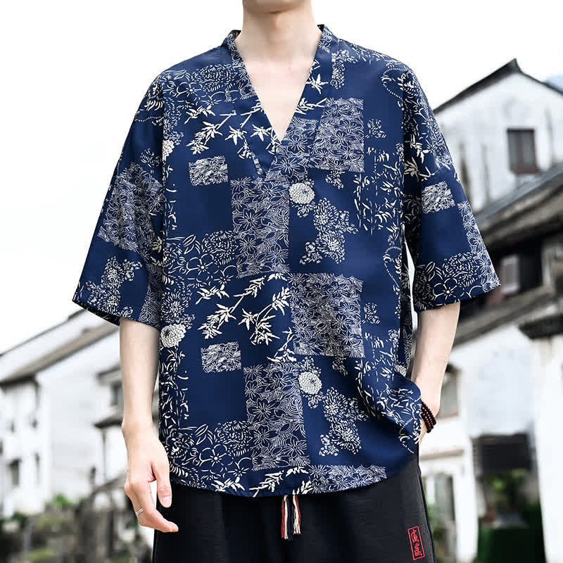 Buddha Stones Summer Casual Tang Style Floral V-Neck Men's Short Sleeve T-Shirts - Navy - US/UK/AU46, EU56 (5XL) - image 0