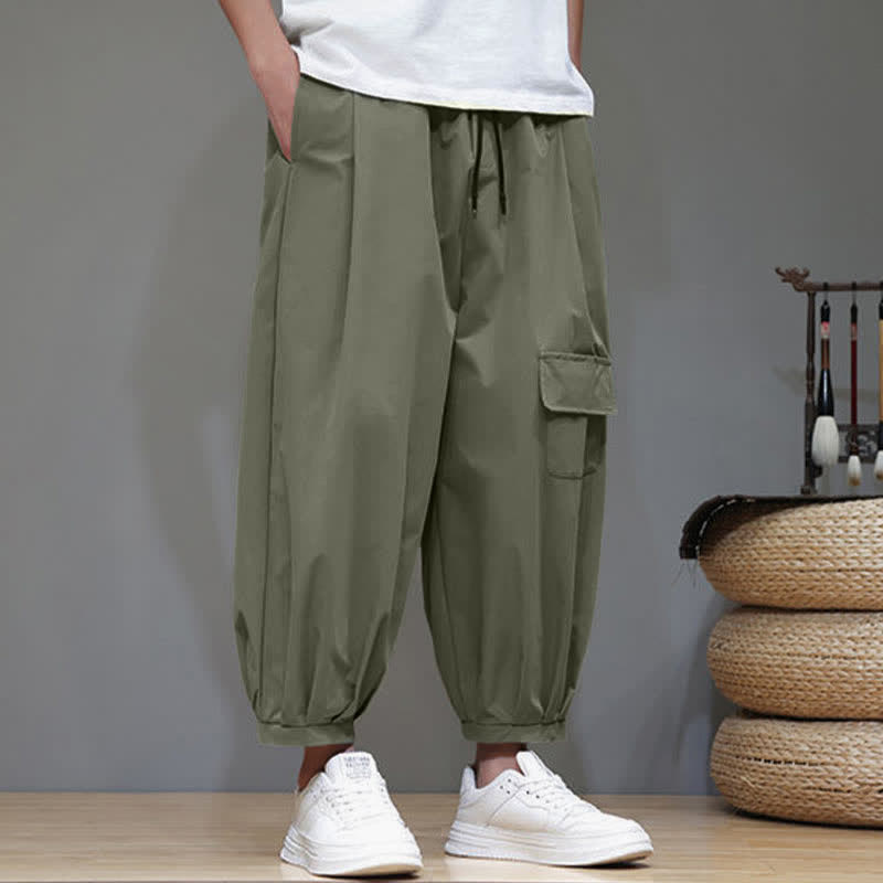 Buddha Stones Summer Casual Minimalist Drawstring Solid Capri Pants Men's Harem Pants With Pockets - image 2