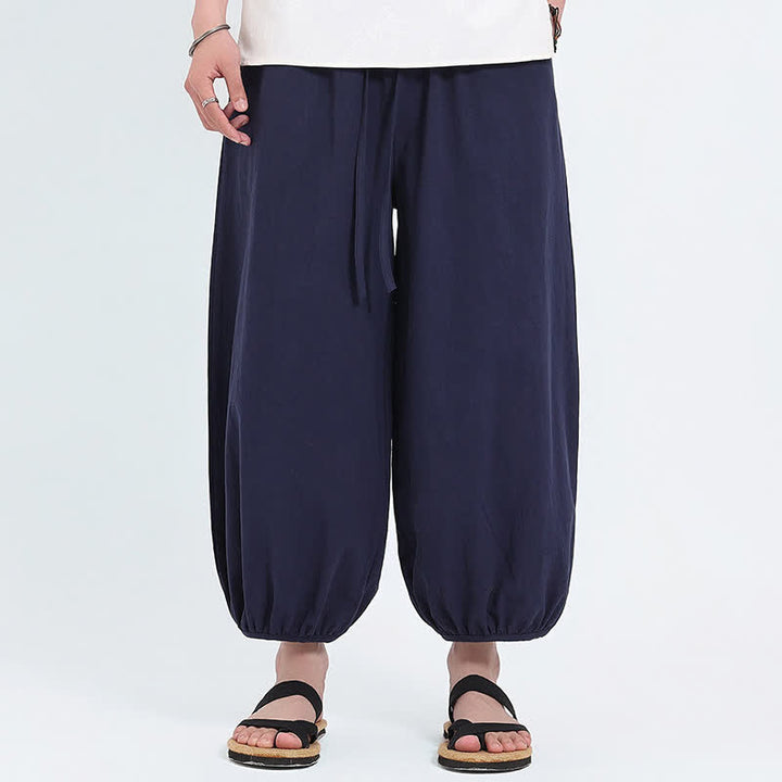 Buddha Stones Summer Tang Style Casual Drawstring Solid Cropped Pants Men's Harem Pants With Pockets - MidnightBlue - US/UK/AU46，EU56 (5XL) - image 0
