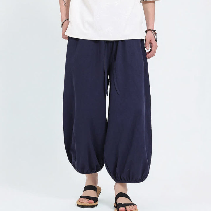 Buddha Stones Summer Tang Style Casual Drawstring Solid Cropped Pants Men's Harem Pants With Pockets - image 2