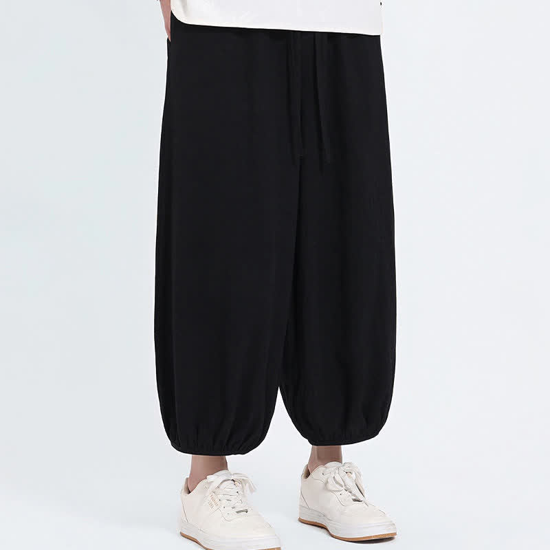 Buddha Stones Summer Tang Style Casual Drawstring Solid Cropped Pants Men's Harem Pants With Pockets - image 10