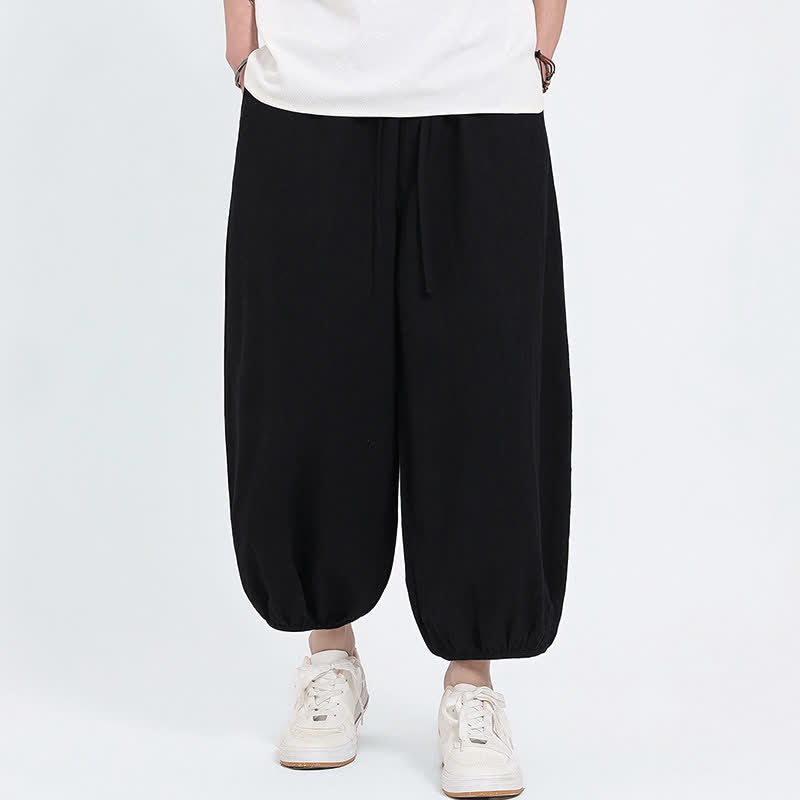 Buddha Stones Summer Tang Style Casual Drawstring Solid Cropped Pants Men's Harem Pants With Pockets - image 9