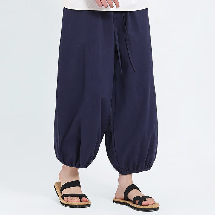 Buddha Stones Summer Tang Style Casual Drawstring Solid Cropped Pants Men's Harem Pants With Pockets - image 14