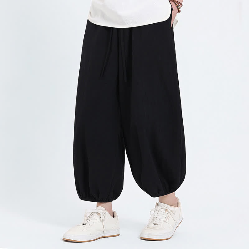 Buddha Stones Summer Tang Style Casual Drawstring Solid Cropped Pants Men's Harem Pants With Pockets - image 13