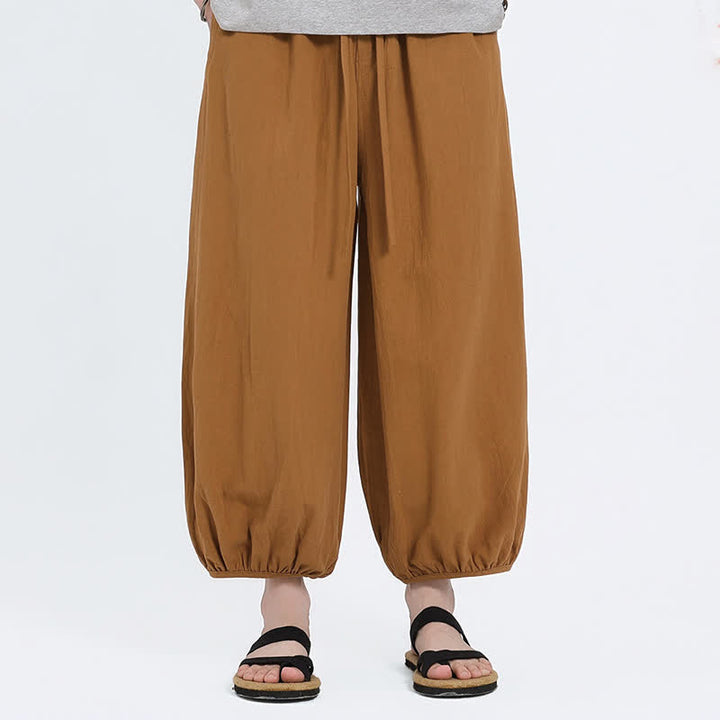 Buddha Stones Summer Tang Style Casual Drawstring Solid Cropped Pants Men's Harem Pants With Pockets - Goldenrod - US/UK/AU46，EU56 (5XL) - image 15