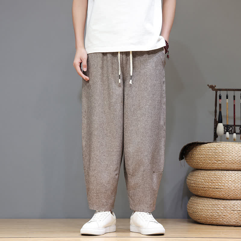 Buddha Stones Summer Casual Minimalist Drawstring Solid Cropped Pants Men's Tapered Pants With Pockets - image 1
