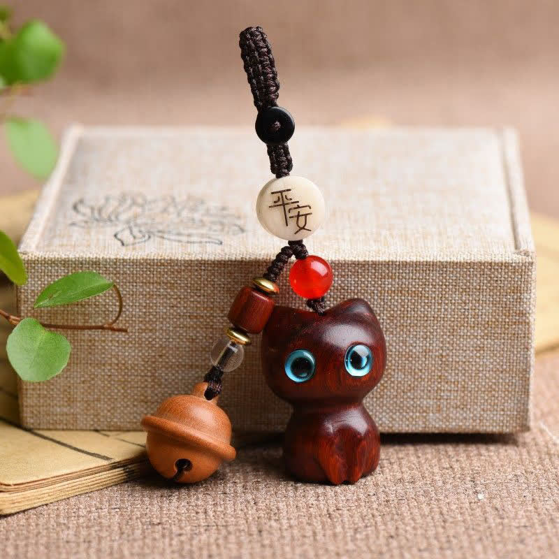 Buddha Stones Ebony Wood & Red Sandalwood Hand Carved Cat Bell Protection Keychains - Red Sandalwood(Blessing♥Auspicious) - image 2
