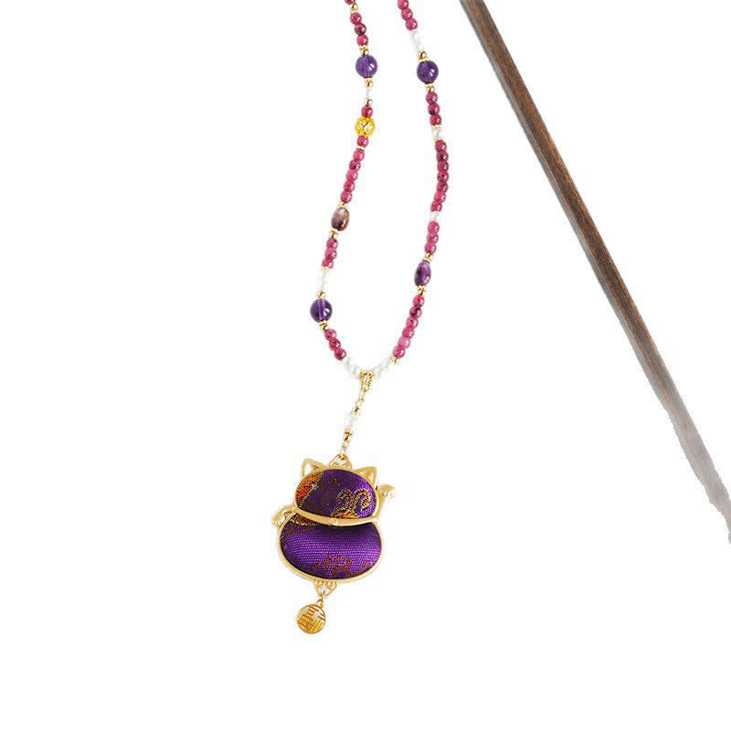 Buddha Stones Song Brocade Fabric Lucky Beckoning Cat Fu Character Blessing Necklace - image 6