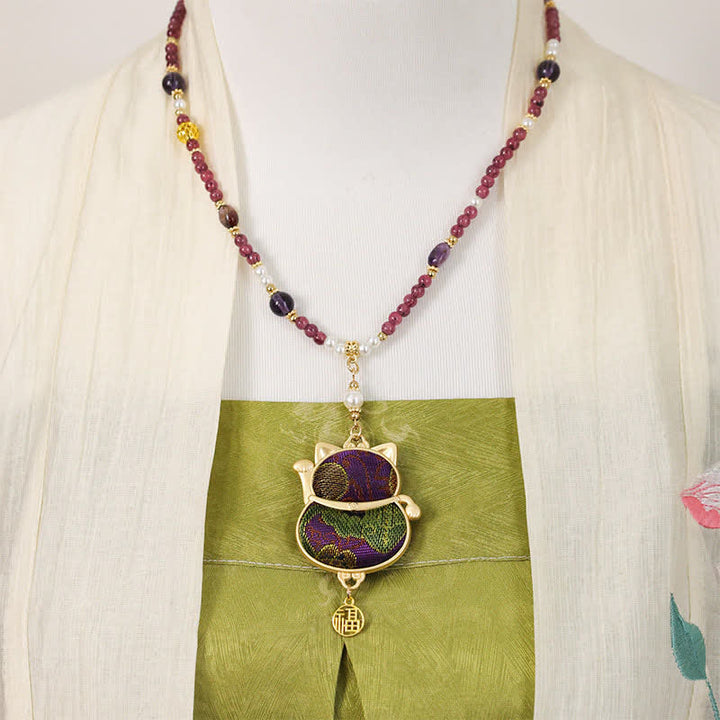 Buddha Stones Song Brocade Fabric Lucky Beckoning Cat Fu Character Blessing Necklace - image 4