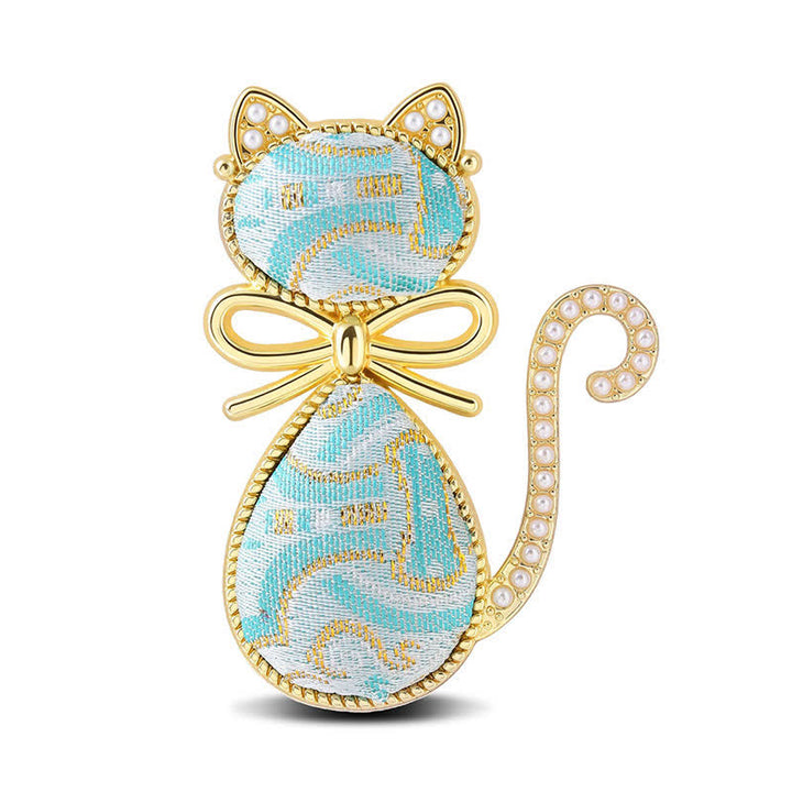 Buddha Stones Pearl Song Brocade Cat Bow Purity Brooch - Light Blue(Same Color Tone – Pattern Varies) - image 11
