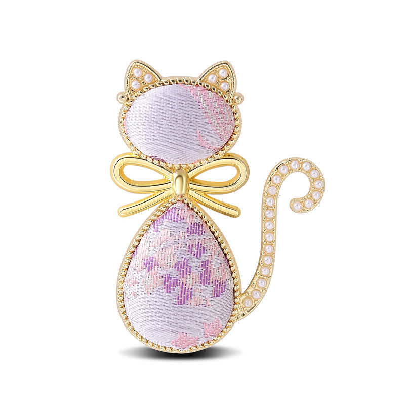 Buddha Stones Pearl Song Brocade Cat Bow Purity Brooch - Purple(Same Color Tone – Pattern Varies) - image 7