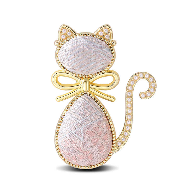 Buddha Stones Pearl Song Brocade Cat Bow Purity Brooch - Pink(Same Color Tone – Pattern Varies) - image 9