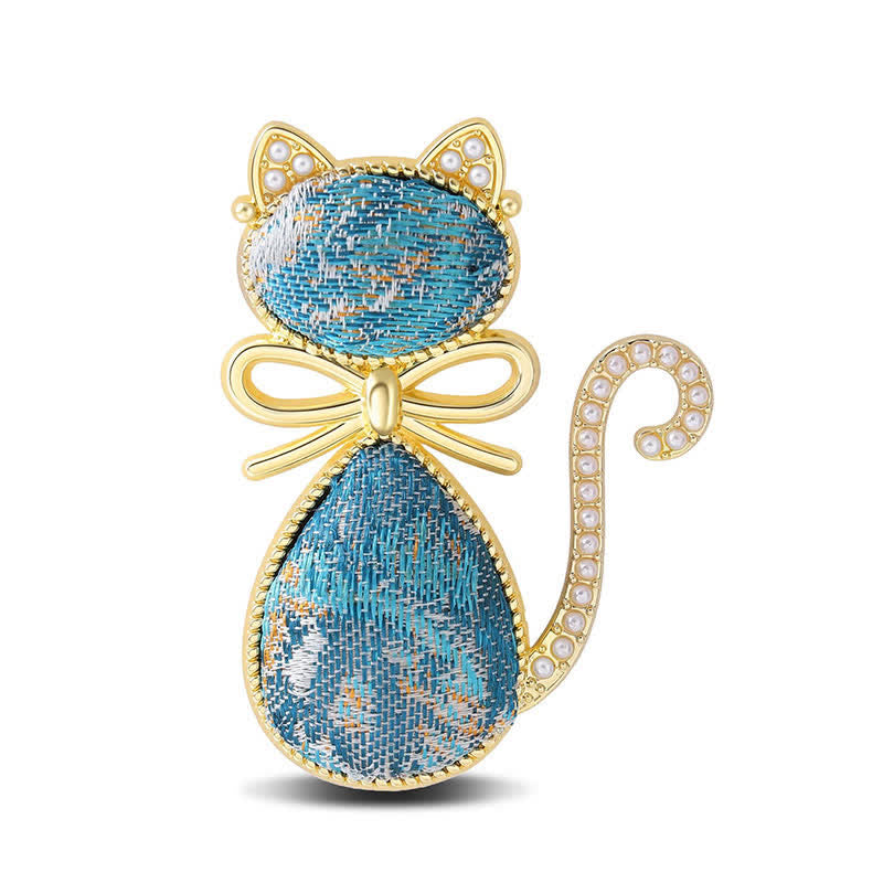 Buddha Stones Pearl Song Brocade Cat Bow Purity Brooch - Deep Blue(Same Color Tone – Pattern Varies) - image 12