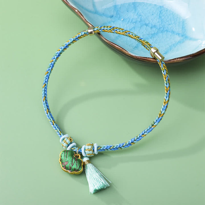 Buddha Stones Braided Five Color Cord Song Brocade Ruyi Scepter Tassel Luck Bracelet - Green (Same Color Tone – Pattern Varies) - image 3
