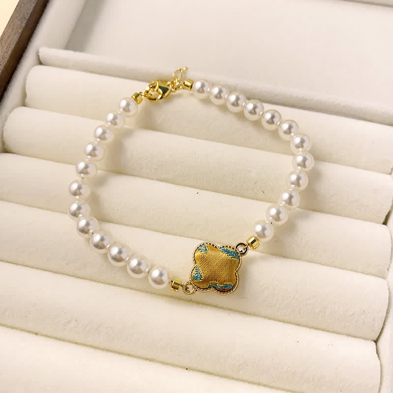 Buddha Stones Pearl Song Brocade Clover Purity New Chinese Bracelet - Gold Green(Same Color Tone – Pattern Varies) - image 11