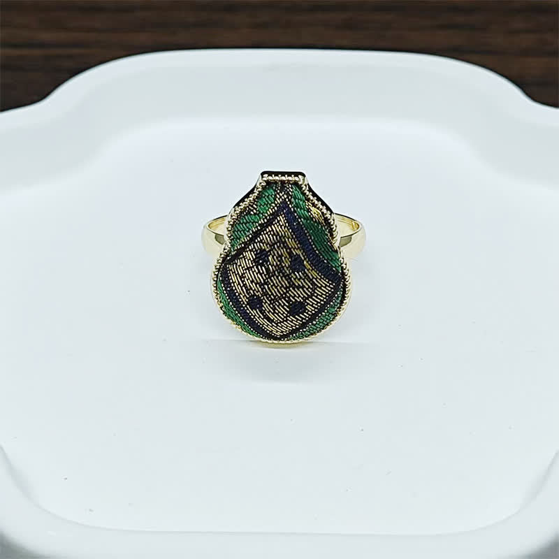 Buddha Stones Song Brocade Gourd Shaped Blessing Adjustable Vintage Chinese Style Ring - Green Gold(Same Color Tone – Pattern Varies) - Adjustable (Open) - image 8