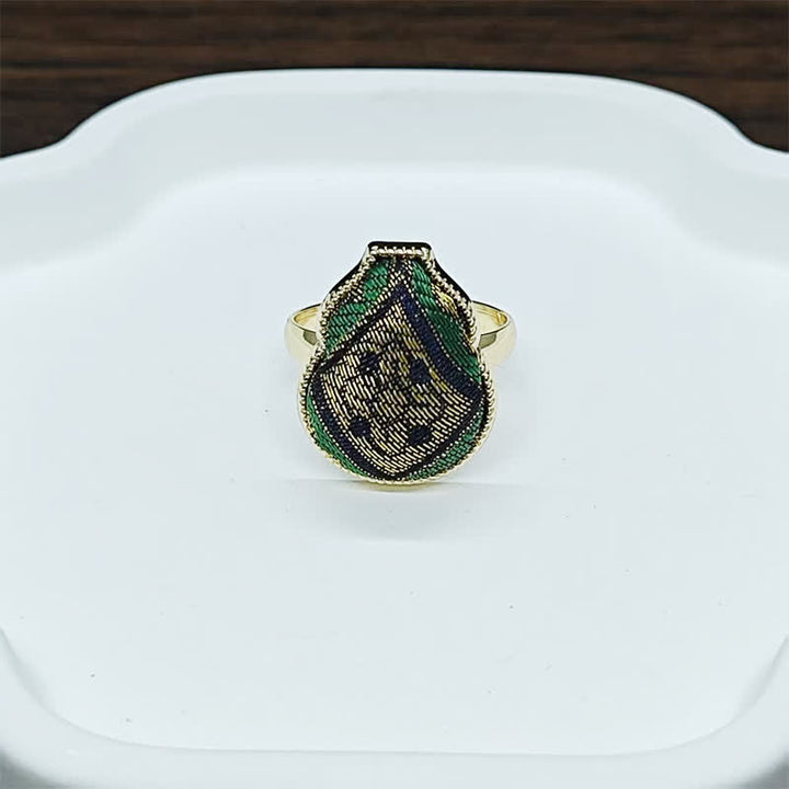Buddha Stones Song Brocade Gourd Shaped Blessing Adjustable Vintage Chinese Style Ring - Green Gold(Same Color Tone – Pattern Varies) - Adjustable (Open) - image 8