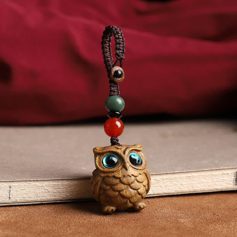 Buddha Stones Green Sandalwood Owl Serenity Hand Carved Braided Keychains - Keychains - Green Sandalwood (Calm Energy ♥ Spiritual Balance) - image 0