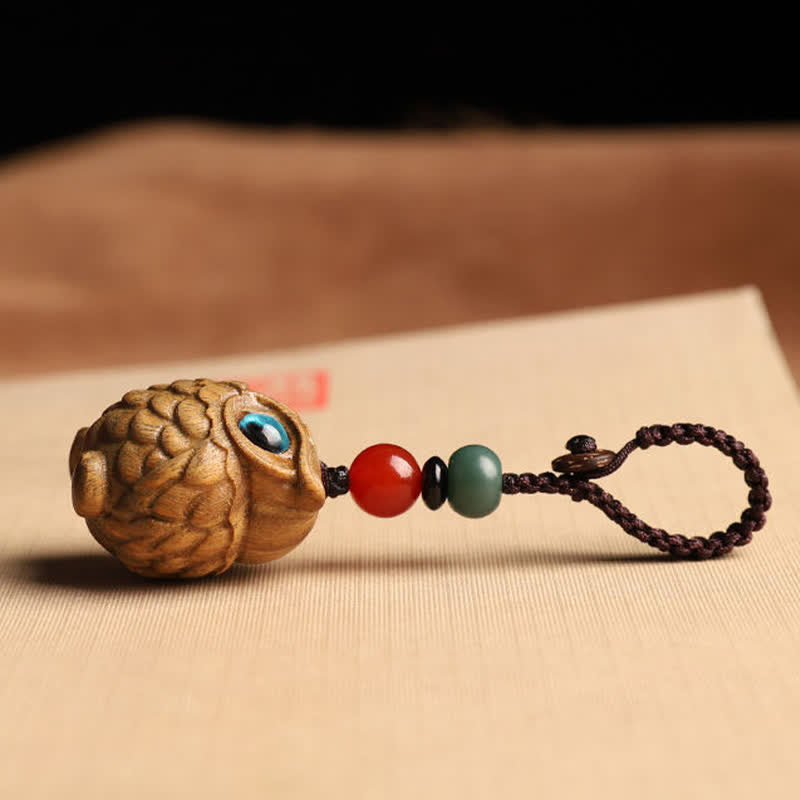 Buddha Stones Green Sandalwood Owl Serenity Hand Carved Braided Keychains - image 1