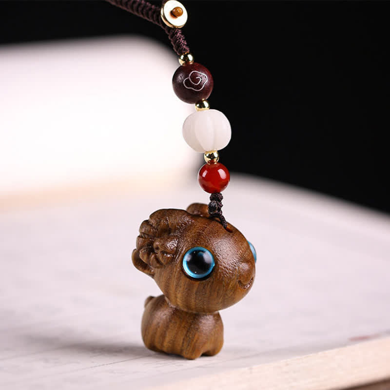 Buddha Stones Green Sandalwood Sheep Luck Hand Carved Keychains - image 3