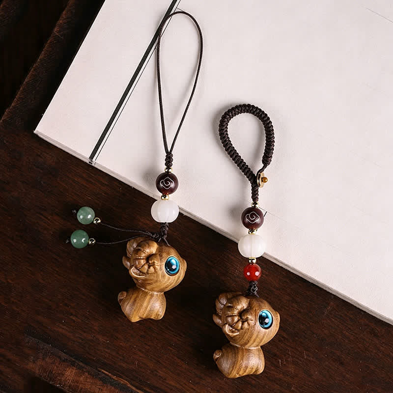 Buddha Stones Green Sandalwood Sheep Luck Hand Carved Keychains - image 4