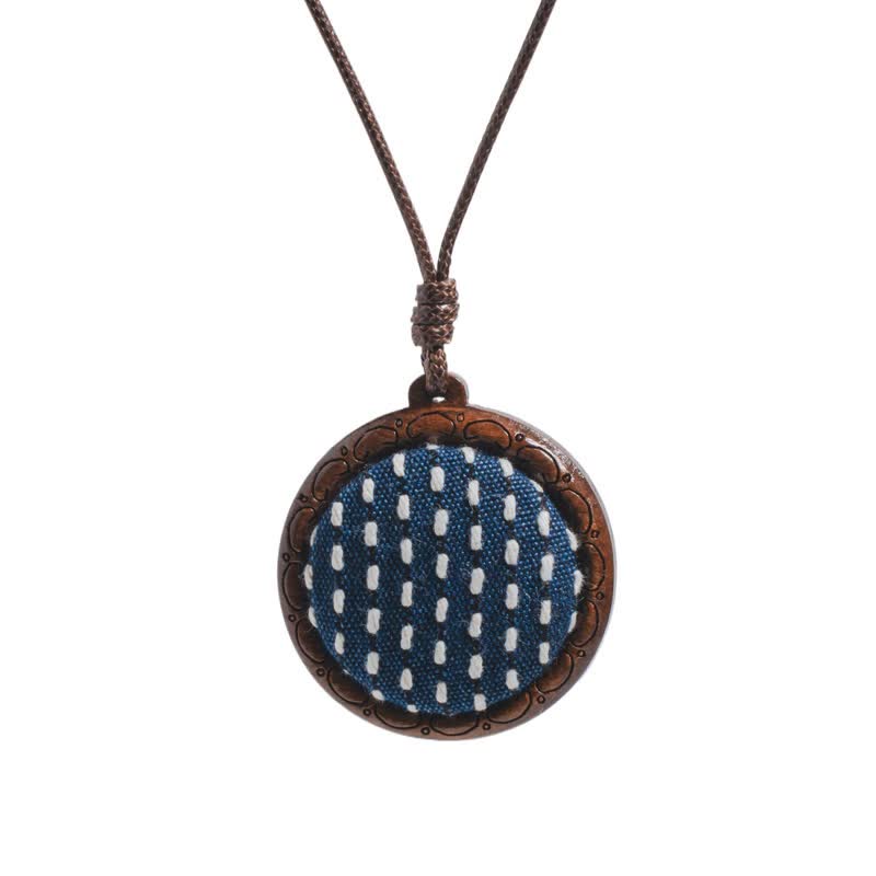 Buddha Stones Wooden Hand Carved Embroidered Flower Butterfly Grounding Round Necklace - Sashiko - image 4