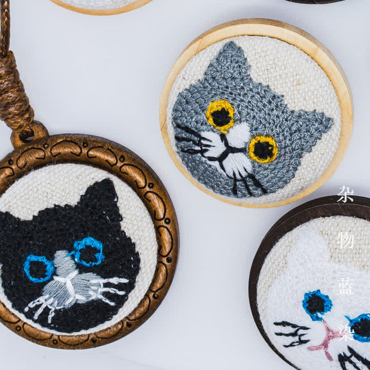 Buddha Stones Wood Cat Luck Embroidered Round Pendant Necklace - image 1