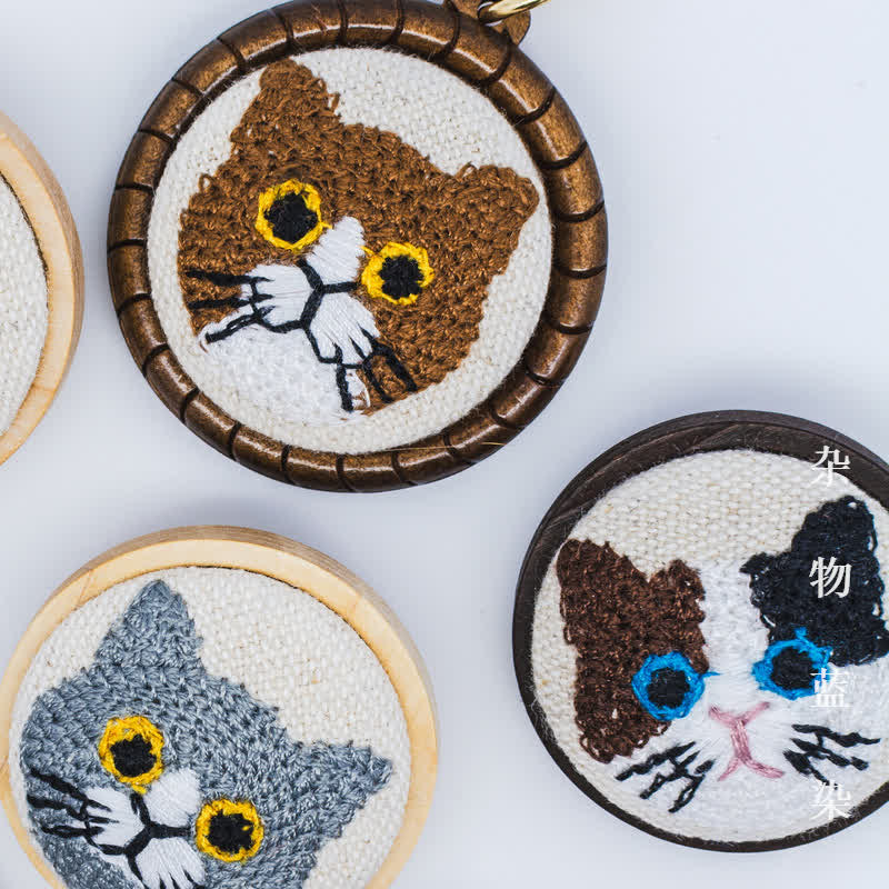 Buddha Stones Wood Cat Luck Embroidered Round Pendant Necklace - image 0