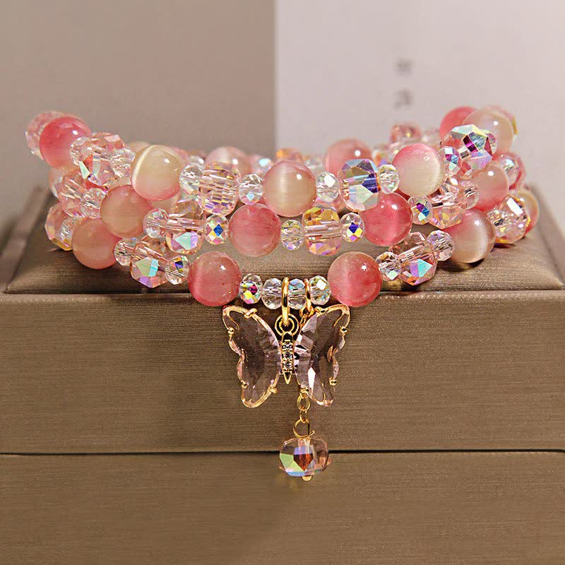 Buddha Stones Peach Cat's Eye Butterfly Love Triple Wrap Faceted Bracelet - image 1