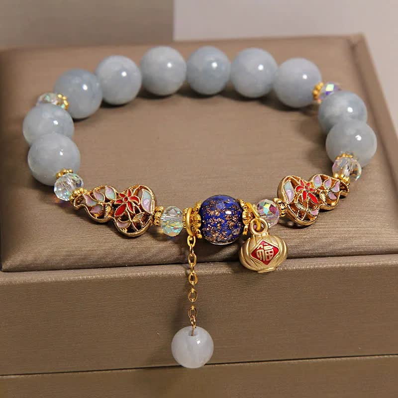 Buddha Stones Aquamarine Fu Character Luck Cloisonné Gourd Dangle Round Bracelet - image 2