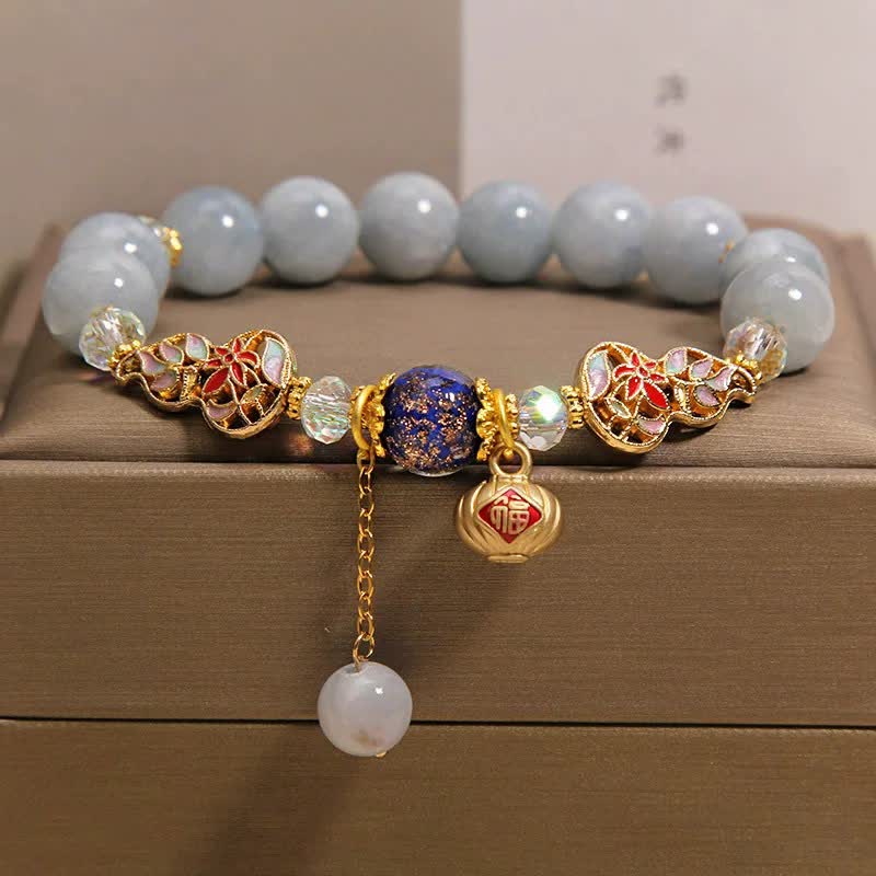 Buddha Stones Aquamarine Fu Character Luck Cloisonné Gourd Dangle Round Bracelet - Aquamarine(Courage ♥ Calming) - image 0