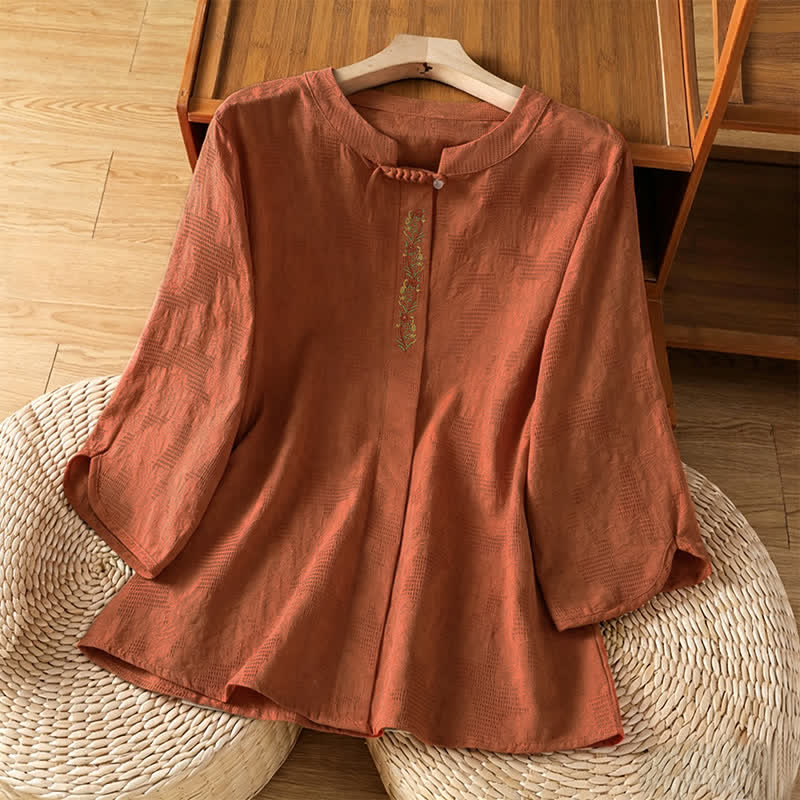 Buddha Stones Summer Boho Tang Style Embroidery Drawstring Solid Women's Short Sleeve Shirts - Peru - US12, UK/AU16, EU44 (3XL) - image 14