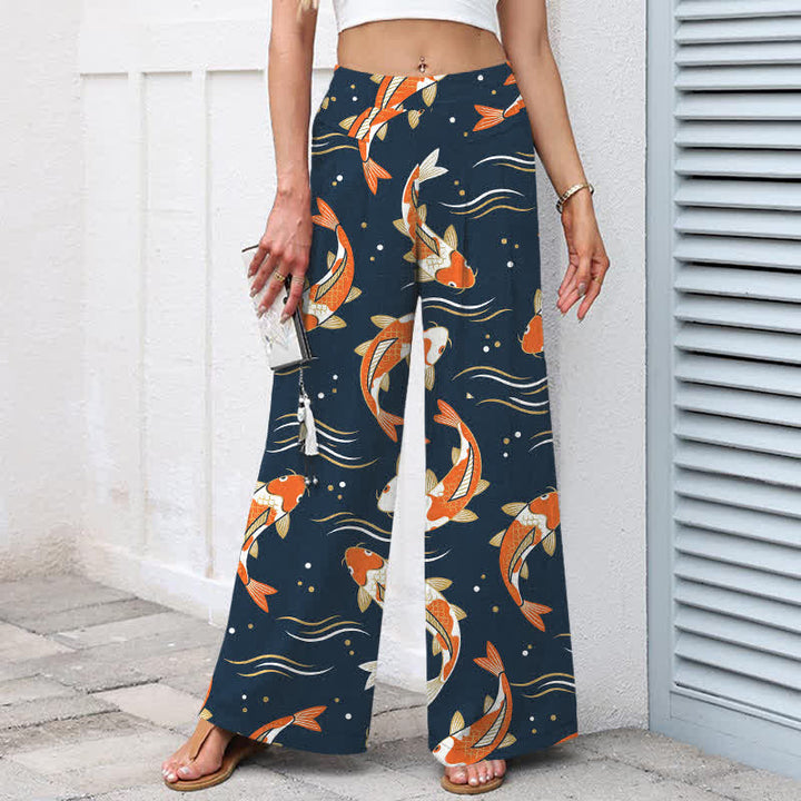 Buddha Stones Cotton Linen Koi Fish Pattern Women's Elastic Waist Wide Leg Pants With Pockets - image 1
