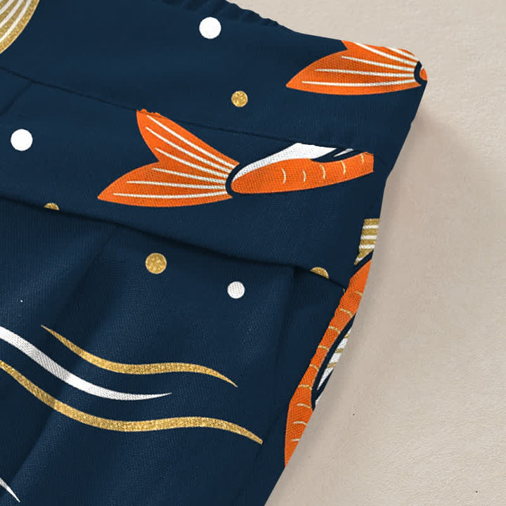 Buddha Stones Cotton Linen Koi Fish Pattern Women's Elastic Waist Wide Leg Pants With Pockets - image 3