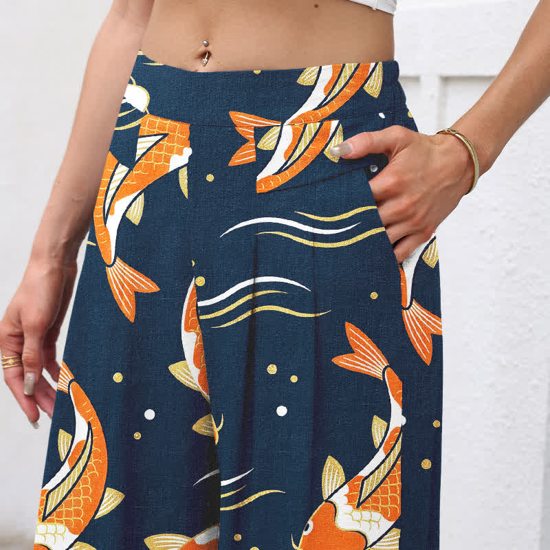 Buddha Stones Cotton Linen Koi Fish Pattern Women's Elastic Waist Wide Leg Pants With Pockets - image 2