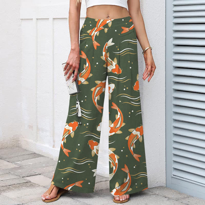 Buddha Stones Cotton Linen Koi Fish Pattern Women's Elastic Waist Wide Leg Pants With Pockets - image 8