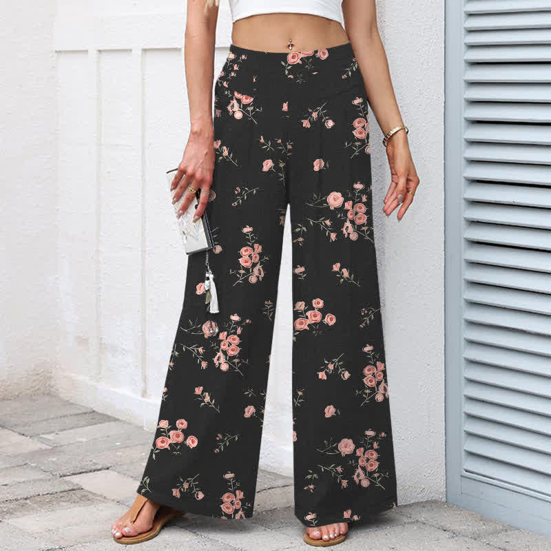 Buddha Stones Cotton Linen Vintage Rose Pattern Women's Elastic Waist Wide Leg Pants With Pockets - image 1
