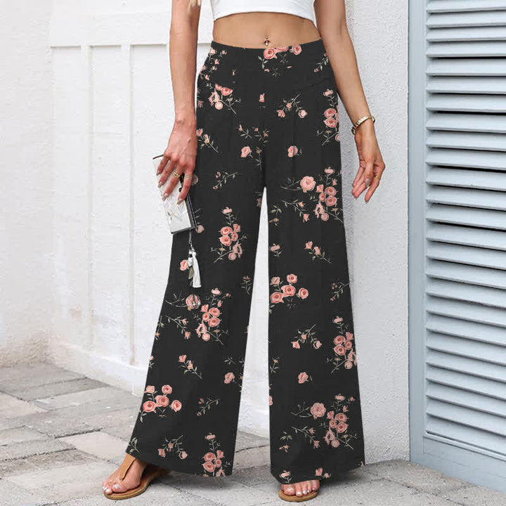 Buddha Stones Cotton Linen Vintage Rose Pattern Women's Elastic Waist Wide Leg Pants With Pockets - image 1