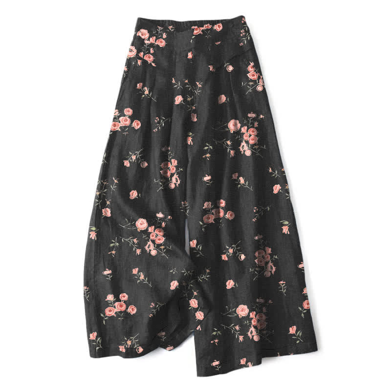 Buddha Stones Cotton Linen Vintage Rose Pattern Women's Elastic Waist Wide Leg Pants With Pockets - Black - US16，UK/AU20，EU48 (3XL) - image 0