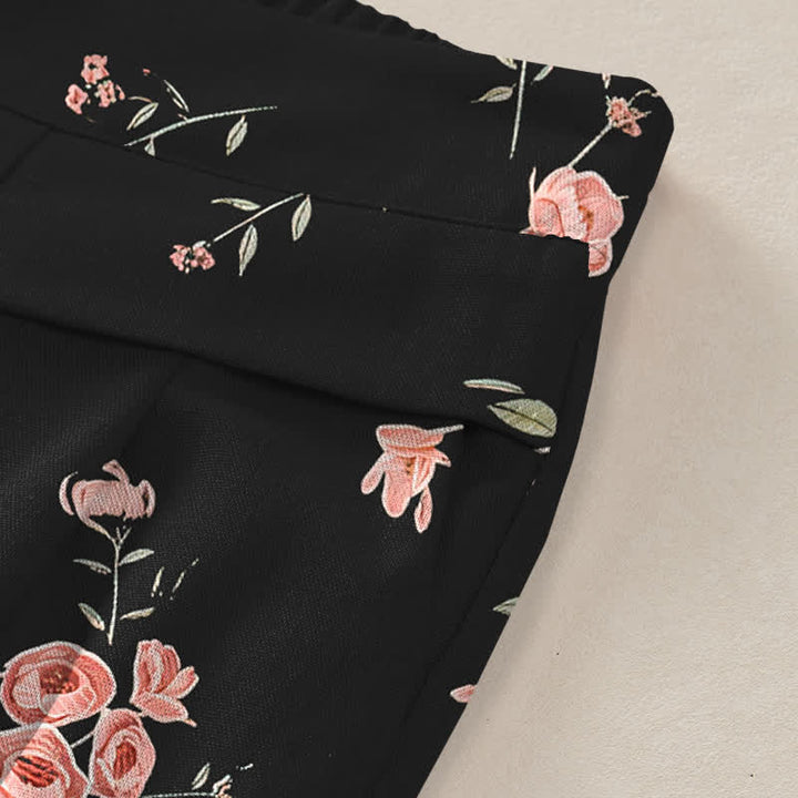 Buddha Stones Cotton Linen Vintage Rose Pattern Women's Elastic Waist Wide Leg Pants With Pockets - image 3