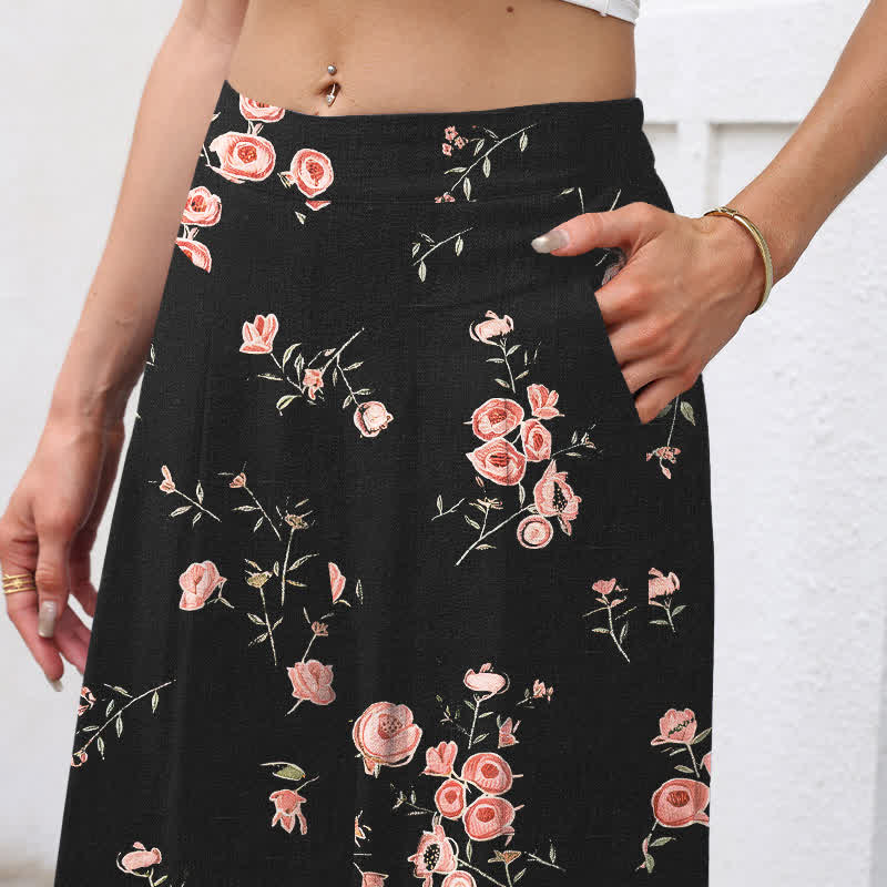 Buddha Stones Cotton Linen Vintage Rose Pattern Women's Elastic Waist Wide Leg Pants With Pockets - image 2