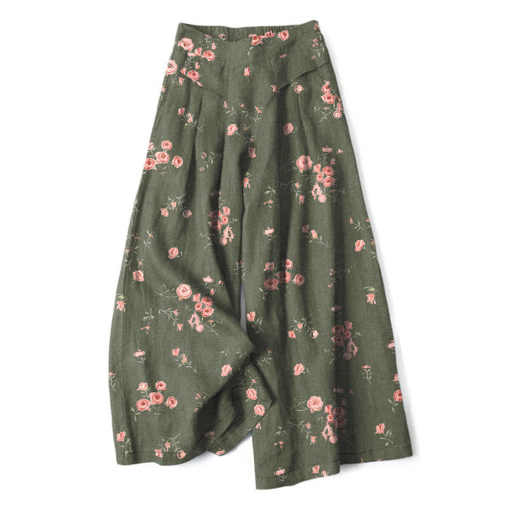 Buddha Stones Cotton Linen Vintage Rose Pattern Women's Elastic Waist Wide Leg Pants With Pockets - Olive - US16，UK/AU20，EU48 (3XL) - image 7