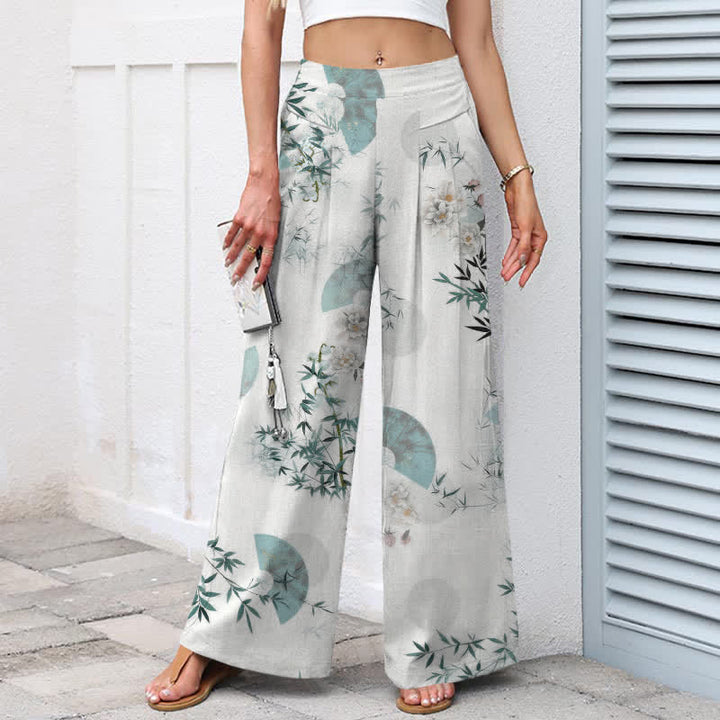Buddha Stones Cotton Linen Oriental Bamboo Leaf Pattern Women's Elastic Waist Wide Leg Pants With Pockets - image 1