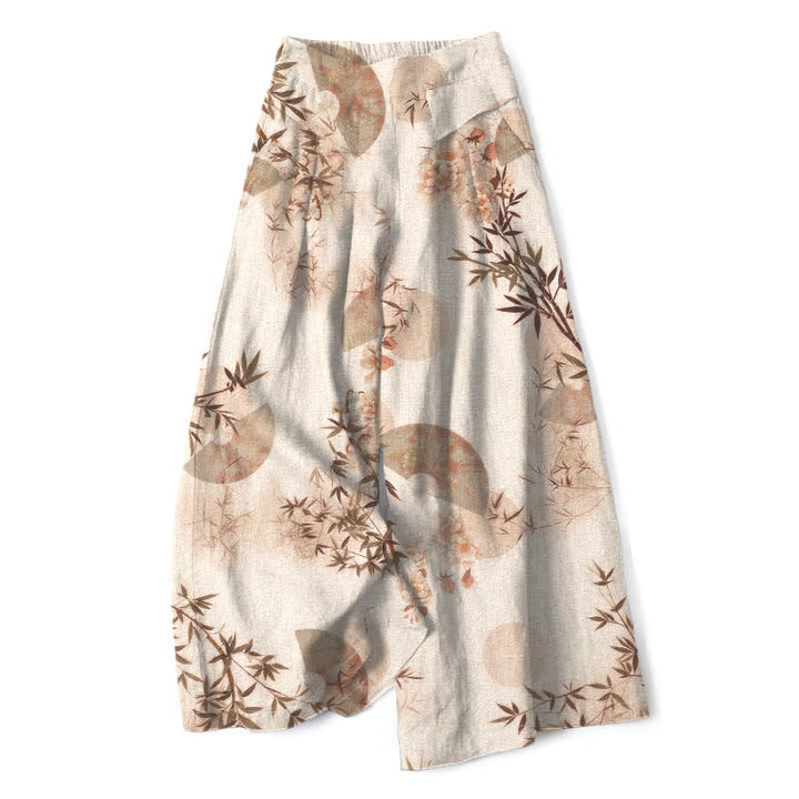 Buddha Stones Cotton Linen Oriental Bamboo Leaf Pattern Women's Elastic Waist Wide Leg Pants With Pockets - Linen - US16，UK/AU20，EU48 (3XL) - image 5