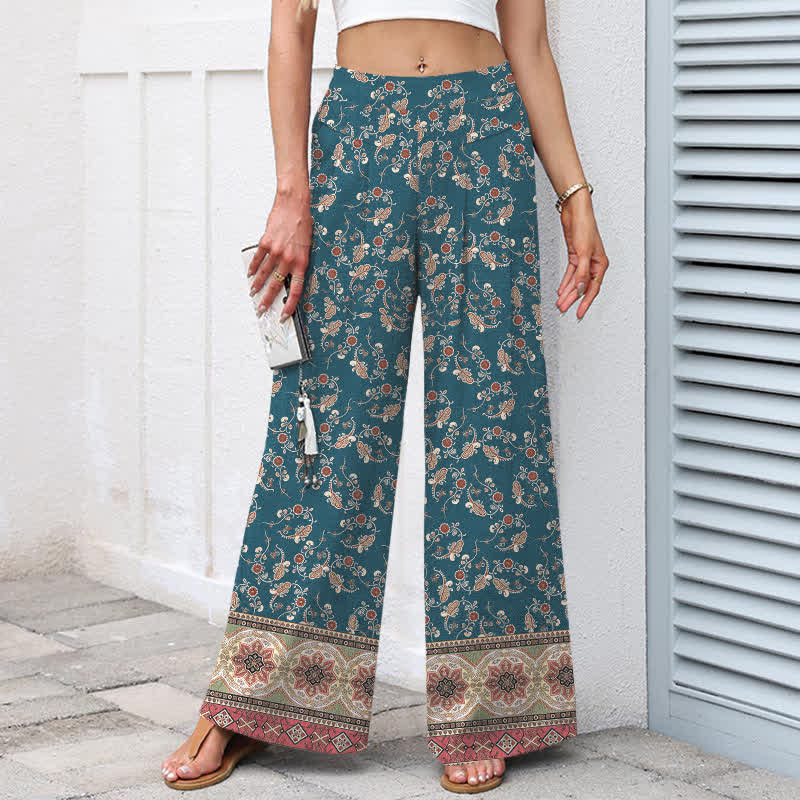 Buddha Stones Cotton Linen Bohemian Floral Pattern Women's Elastic Waist Wide Leg Pants With Pockets - image 1