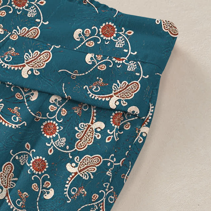 Buddha Stones Cotton Linen Bohemian Floral Pattern Women's Elastic Waist Wide Leg Pants With Pockets - image 3