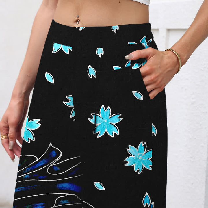 Buddha Stones Cotton Linen Koi Fish Floral Pattern Women's Elastic Waist Wide Leg Pants With Pockets - image 2