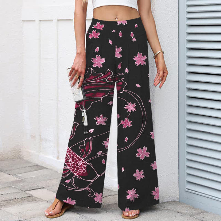 Buddha Stones Cotton Linen Koi Fish Floral Pattern Women's Elastic Waist Wide Leg Pants With Pockets - image 6