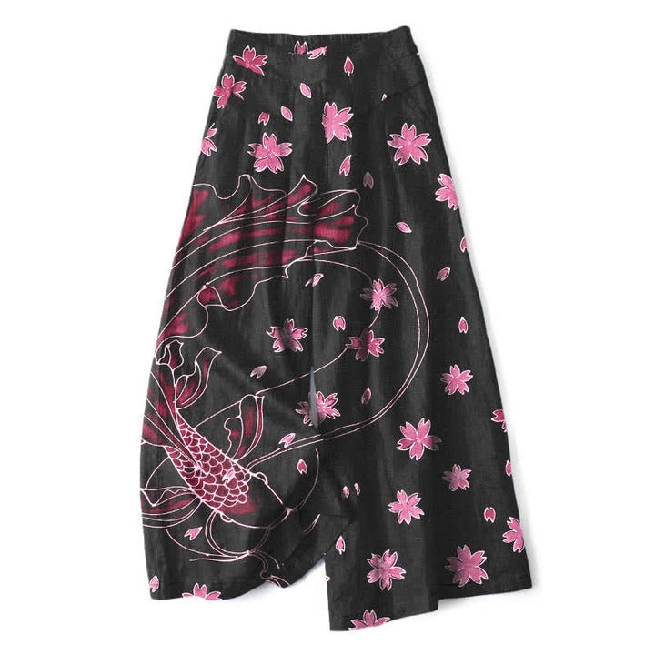 Buddha Stones Cotton Linen Koi Fish Floral Pattern Women's Elastic Waist Wide Leg Pants With Pockets - PaleVioletRed - US16，UK/AU20，EU48 (3XL) - image 5